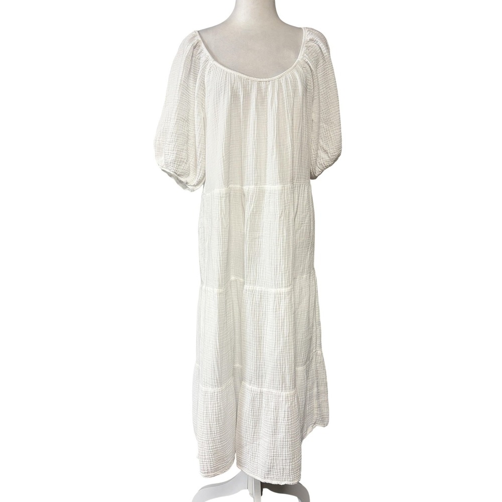 Nation LTD Dress Womens M White Cotton Gauze Puff Sleeve Tiered Swing Boho Midi